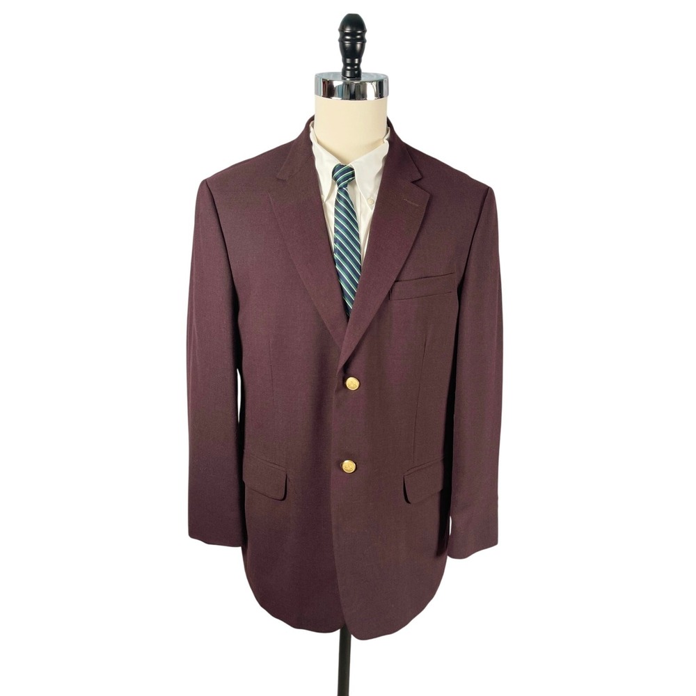 Vintage Stafford Blazer 42R Maroon Gold Crest Button Dacron Poly Worsted Wool